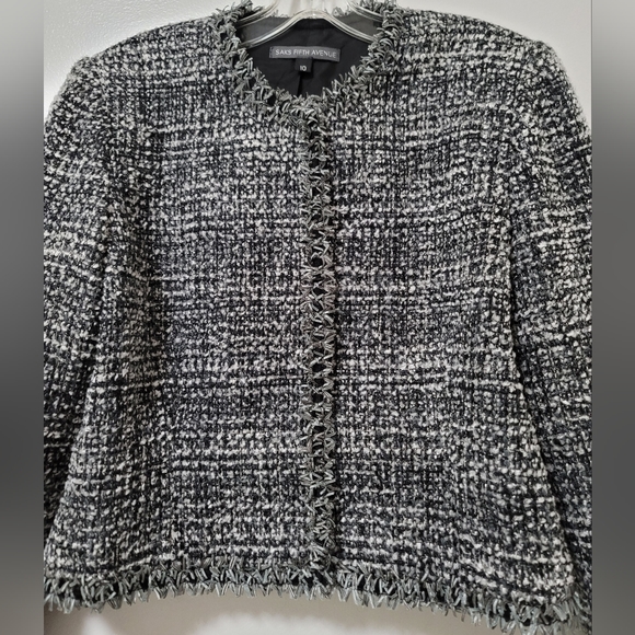New Saks Fifth Avenue Black Tweed Wool Blend Frayed Trim Crop Blazer Size 10 - Picture 5 of 14